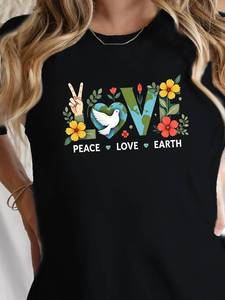 T-Shirt da Donna 'Love Peace Earth', Tinta Unita, Vestibilità Comoda, Manica Corta, Collo Tondo, 100% Cotone, Stampa Floreale, Stile Casual - Product Image 3