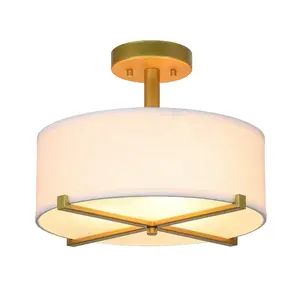 Decorative Brass Drum Fabric Shade Nordic Pendant Lamp Semi Flush Mount Ceiling Lights For Home Ceiling