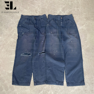 LARSUR Custom Factory Sun Faded Duck Canvas Chore French Blue Utility Fatigue Work Pants Straight Tactical French Work <strong>Trousers</strong> - Product Image 1