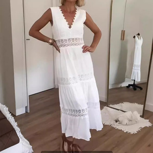 Vestido midi blanco de encaje con cuello en V y espalda descubierta, corte imperio, para mujer, ideal para bodas y fiestas nupciales. - Product Image 3