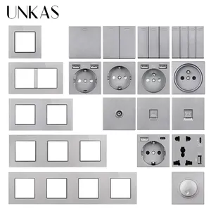 UNKAS ग्रे ग्लास पैनल उपकरण मुफ्त संयोजन फ्रेंच यूरोपीय संघ सॉकेट प्रकार सी दोहरी यूएसबी 1 2 3 4 गिरोह 1/2 रास्ता पर/बंद पुश बटन स्विच