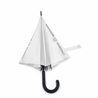 Parapluie droit automatique à 8 baleines, blanc, avec logo personnalisé, poignée en J courbée noire, longue tige, pour publicité d'entreprise, exposition et salon professionnel