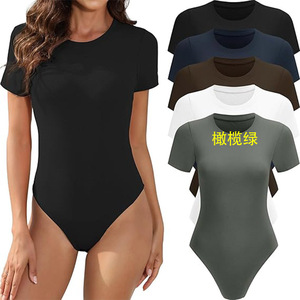Europa y América cuello redondo ajustado Top Color sólido Sexy piel amigable belleza cuerpo mujer mono - Product Image 4
