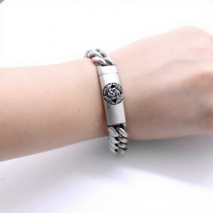 Stainless Steel Cuban Chain Bracelet with Carved Rose Flower Clasp Gothic Punk Style Vintage Jewelry Gift <b>for</b> <b>Men</b> - Product Image 2