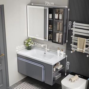 ตู้ห้องน้ำสีเทาเข้มสุดหรู ตู้กระจกอัจฉริยะพร้อมพื้นที่จัดเก็บ อ่างล้างหน้าสีขาวแบบติดผนัง - Product Image 1