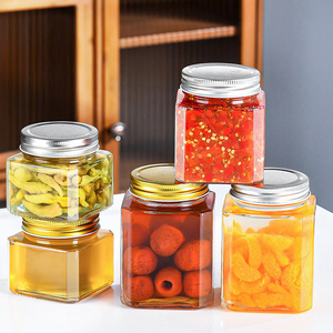 Vente en Gros 250 380 500 Grammes Grand Carré <span class=keywords><strong>Miel</strong></span> à Large Bouche Confiture Alimentaire Bocal de Stockage en Verre Avec Couvercles en Or - Product Image 1