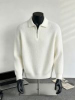 Pakaian Pria Kustom Sweater Rajut Rib Kerah Polo Setengah Resleting Gaya Old Money Premium Mewah Lengan Panjang Grosir Pemasok Pabrik