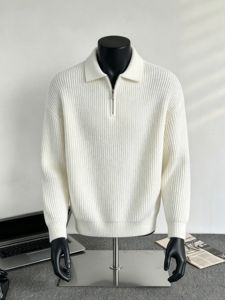 맞춤 남성 의류 하프 집업 폴로 칼라 골지 니트 스웨터 올드머니 프리미엄 럭셔리 긴팔 도매 공장 공급업체 - Product Image 1