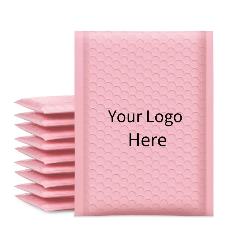 Correo de plástico reciclado Respetuoso con el medio ambiente Acolchado Envoltura de sobre Burbujas Bolsas de franqueo personalizadas Bolsa de correo de burbujas rosa con logotipo