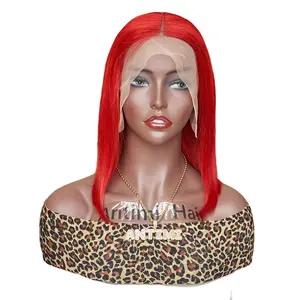 Beauty Wigs 100% cheveux humains vierges bruts perruques lace frontal Style Bob le modèle avec rouge #14 pouces