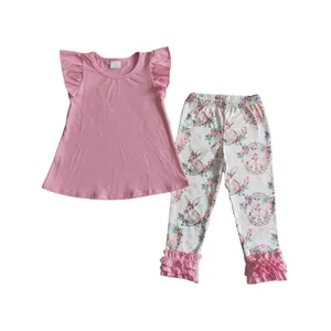 实心粉色褶边衬衫裹腿裤儿童服装套装儿童复活节批发女婴服装