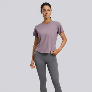 Wholesale Plus Size Women Mesh <b>Back</b> Vent Yoga Shirts Quick Dry Raglan Short Sleeve Breathable Curved Hem Athletic Workout Tops - Product Image 4