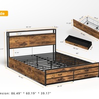 Lit moderne de taille Queen facile à assembler avec 8 tiroirs de rangement, tête de lit LED marron, station de charge, cadre de lit en métal solide et stable pour chambre à coucher