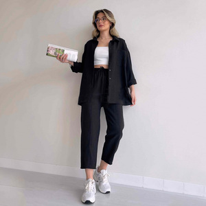 Vêtements pour femmes grandes tailles, printemps 2024, nouvelle veste chemise décontractée ample et pantalon harem sport court, ensemble deux pièces - Product Image 4