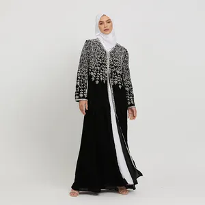 Düz renk çin ceket özel taşlar suudi artı boyutu Jilbab ramazan dantel sınır Abaya kadınlar için