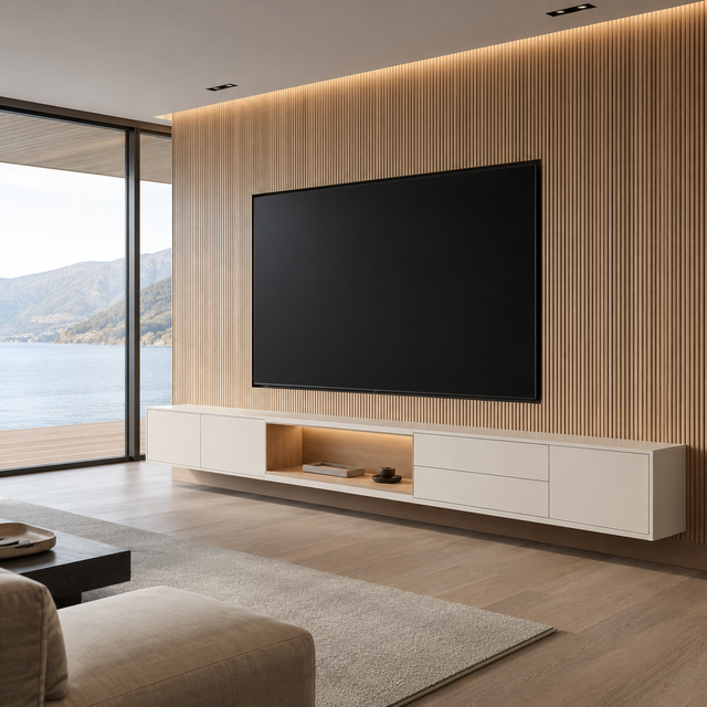 Modern Minimalist Custom Floating TV Cabinet with Base Cabinet Storage and Floating Base Storage with Drawing Support