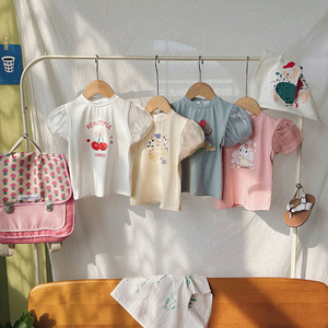 Nueva ropa de verano para niñas: <span class=keywords><strong>Camiseta</strong></span> de malla con mangas abullonadas y diseño de conejo de dibujos animados, estilo coreano para niñas pequeñas y medianas. - Product Image 2