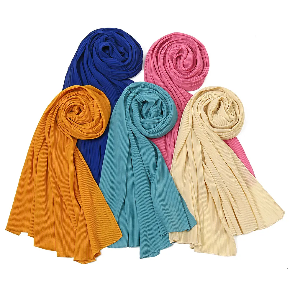 Yw032 cachecol plissado de folha muscular, cor sólida de chiffon, lenço para mulheres, rugas, hijab, xale