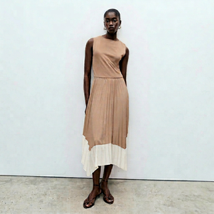 Women's Elegant Camel White Color Block Sleeveless Round Neck Ruched Waist Pleated Asymmetrical Hem Midi Dress - Smart Casual Dr - Product Image 1