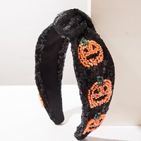 Serre-tête en tissu noué à bord large, style européen et américain, fait main, couleur unie, avec sequins et perles de riz, motif citrouille, style couronne