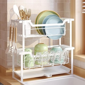 Escurridor de Platos Metálico de Dos Niveles Blanco para Cocina con Bandeja de Drenaje, Organizador de Fregadero para Espacios Estrechos - Product Image 1