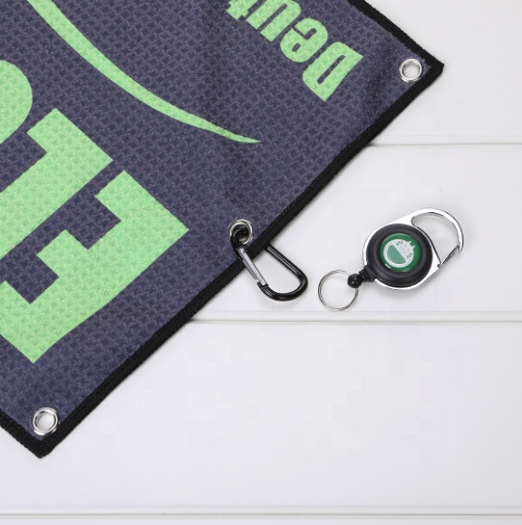 Втулкой и крюк изготовленные на заказ Печать логотипа Серый плетеная Микрофибра Вафельный полотенце для гольфа Магнитный полотенце для гольфа