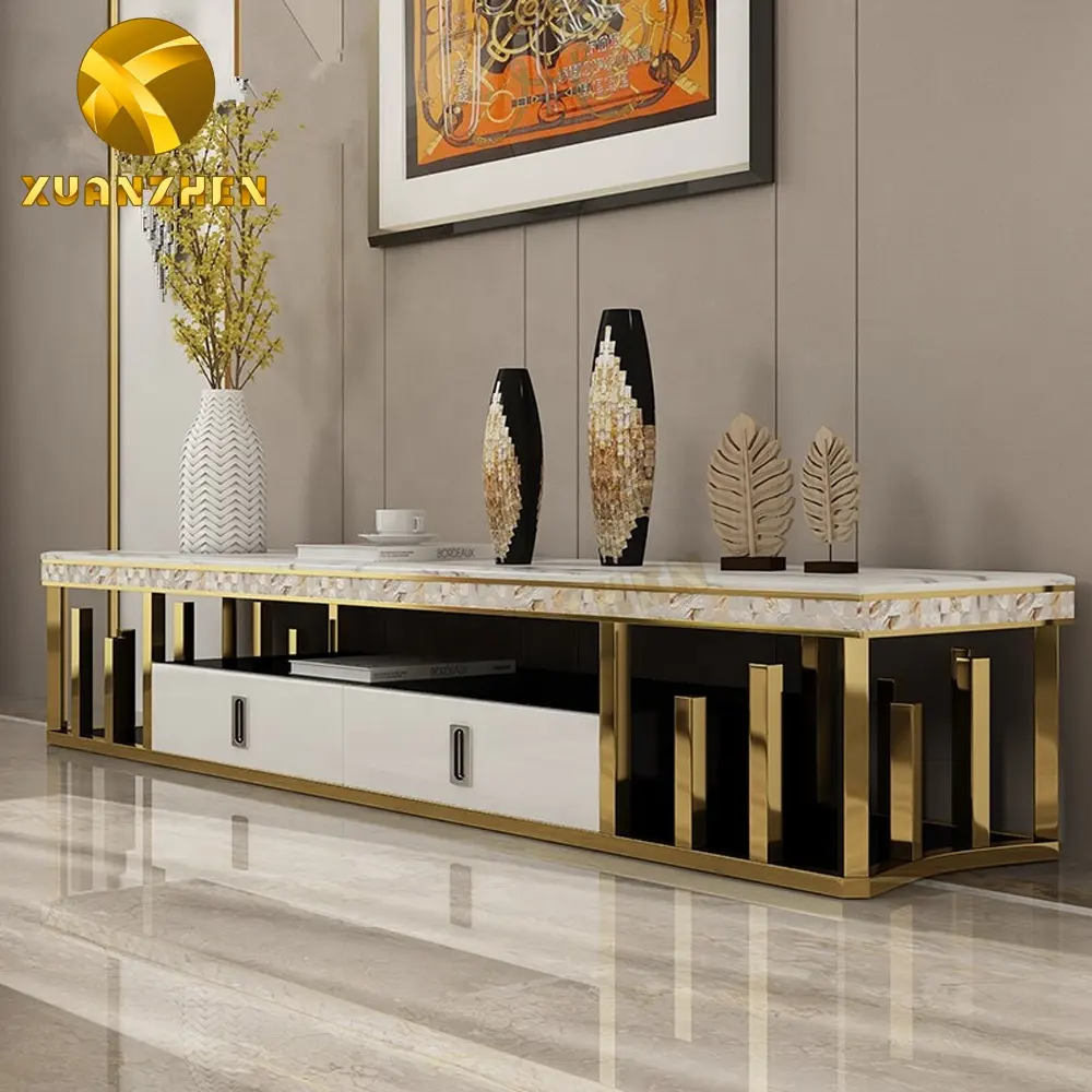 TS018 — meuble tv de salon en métal, mobilier de maison moderne, meubles d'unité tv de luxe avec tiroirs, en vente
