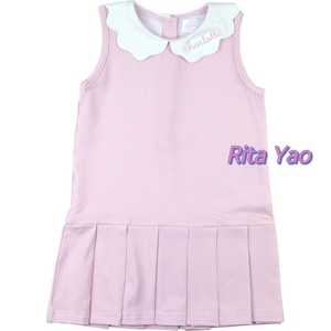 Vestito Estivo da Bambina in Maglia Rosa a Quadretti con Colletto Smerlato, Senza Maniche, con Pieghe e Ricami, Abito Casual - Product Image 5