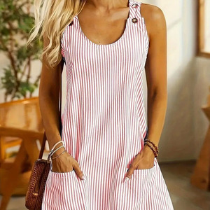 Nouvelle Robe Décontractée à Col Rond avec Poches et Bretelles Rayées, Boutons, Robe Courte d'Été Unie Sans Manches pour Femme - Product Image 1