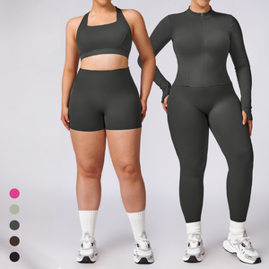 Completo Sportivo da Donna Taglie Forti a Vita Alta, Set da Palestra 2 Pezzi con Maniche a Tre Quarti, Abbigliamento Fitness Tinta Unita - Product Image 1