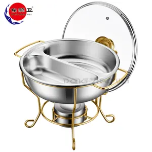 New Arrival Buffet Display Golden Side Cover Keeping Double Pans Chafing Dish 3.5L Round Chafing Dish With Glass Lid