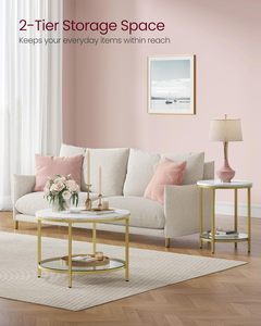 <span class=keywords><strong>Table</strong></span> <span class=keywords><strong>basse</strong></span> <span class=keywords><strong>VASAGLE</strong></span> à 2 niveaux, plateau en faux marbre, étagère en verre, style moderne, salon, marbre blanc, or pâle - Product Image 4