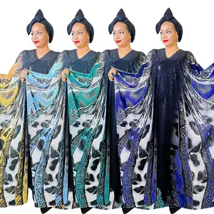 African Ethnic Women Printed Chiffon Dress Caftan Vacation Long Dress Kimono Sleeve Plus Size Beach Maxi Dresses