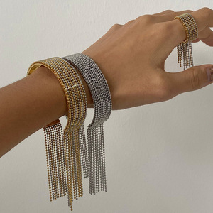 PVD Gold Open Adjustable Fringe Chain Tassel Cuff <b>Bangle</b> Bracelet & Ring <b>Set</b> for Women | Waterproof, Hypoallergenic & Non-Fading - Product Image 3