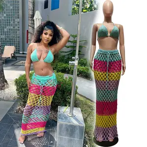 2024 new arrivals S-2XL beachwear sexy knitted 2 piece maxi skirt and top set for women