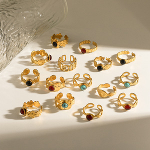 Simple estilo INS piedra natural piedra preciosa hueco ajustable anillo abierto 18K oro galvanizado Acero inoxidable al por mayor - Product Image 6