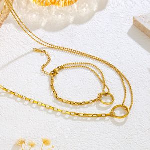 イージーウィン高級シングル＆ダブルチェーン円形リング小さめフレッシュデザインステンレスネックレスブレスレットアクセサリーセット - Product Image 1