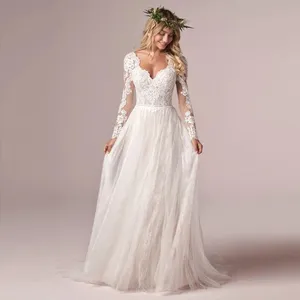 Gaun pernikahan 2023 gaun pengantin lengan panjang renda Tulle Vestido De Novia gaun pengantin ukuran Plus A Line lengan panjang