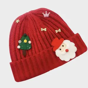 冬季保暖加厚新年父亲圣诞红色电缆针织亚克力帽子骷髅豆豆帽