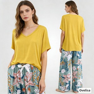 <span class=keywords><strong>Pyjama</strong></span> <span class=keywords><strong>en</strong></span> modal pour femme, style printemps-été, taille élastique avec lien, vêtements de détente, manches courtes, imprimé floral, pantalon large, ensemble <span class=keywords><strong>pyjama</strong></span> - Product Image 2