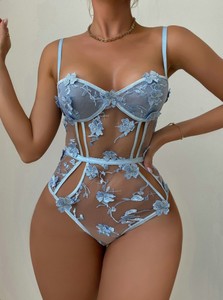 Deep Love True to Size <strong>Baby</strong> <strong>Blue</strong> Sheer Mesh Teddy Shapewear Ladies Seamless Bodysuit See Through Lace Women <strong>Lingerie</strong> - Product Image 3