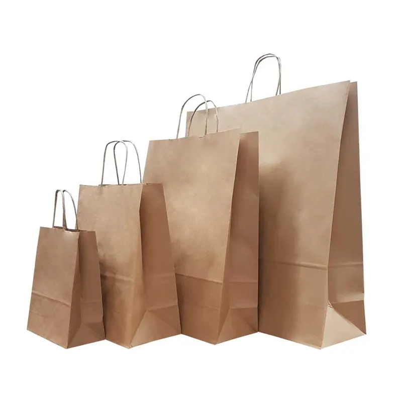 Bolsas biodegradables con estampado personalizado para compras, embalaje de papel kraft marrón con asa