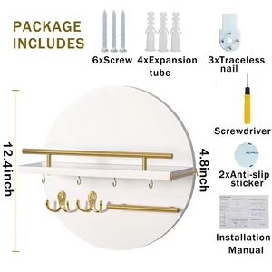 Wall Mounted Key Rack Round <b>Shelf</b> With <b>Hooks</b> For Entryway Storage And Organization - Product Image 5