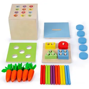मोंटेसरी लकड़ी के खिलौने बच्चे के लिए 4 के लिए 1 वस्तु के साथ सेट Permanence बॉक्स, सिक्का बैंक, रंग मैच की छड़ें और गाजर फसल खेल