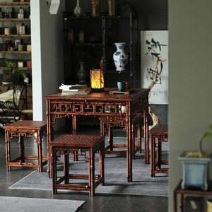 Juego de mesa y sillas de bambú Xiangfei de 6 piezas, muebles de comedor de estilo asiático, diseño original de bambú duradero. - Product Image 1