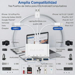 Lector de Tarjetas 5 en 1 ELE-GATE, Adaptador USB, USB-C, Lightning y OTG para Teléfonos y Tabletas - Product Image 4