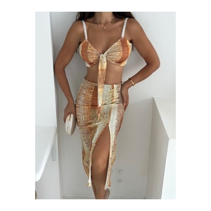 Women's Patterned Lycra Strappy Crop <b>Top</b> And Slit Midi Skirt Set - Product Image 3