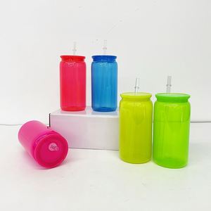 16Oz Soda Neon Colored Plastic Can Acrylic <b>Cups</b> With <b>Lids</b> <b>and</b> <b>Straws</b> for Uv Dtf Wraps - Product Image 3