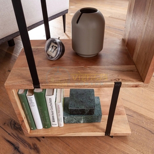 <b>Rustic</b> Sheesham Wood <b>Side</b> <b>Table</b> with Dual Open Shelves Black Metal Frame Modern Industrial Accent Stand for Living Room Decor - Product Image 3