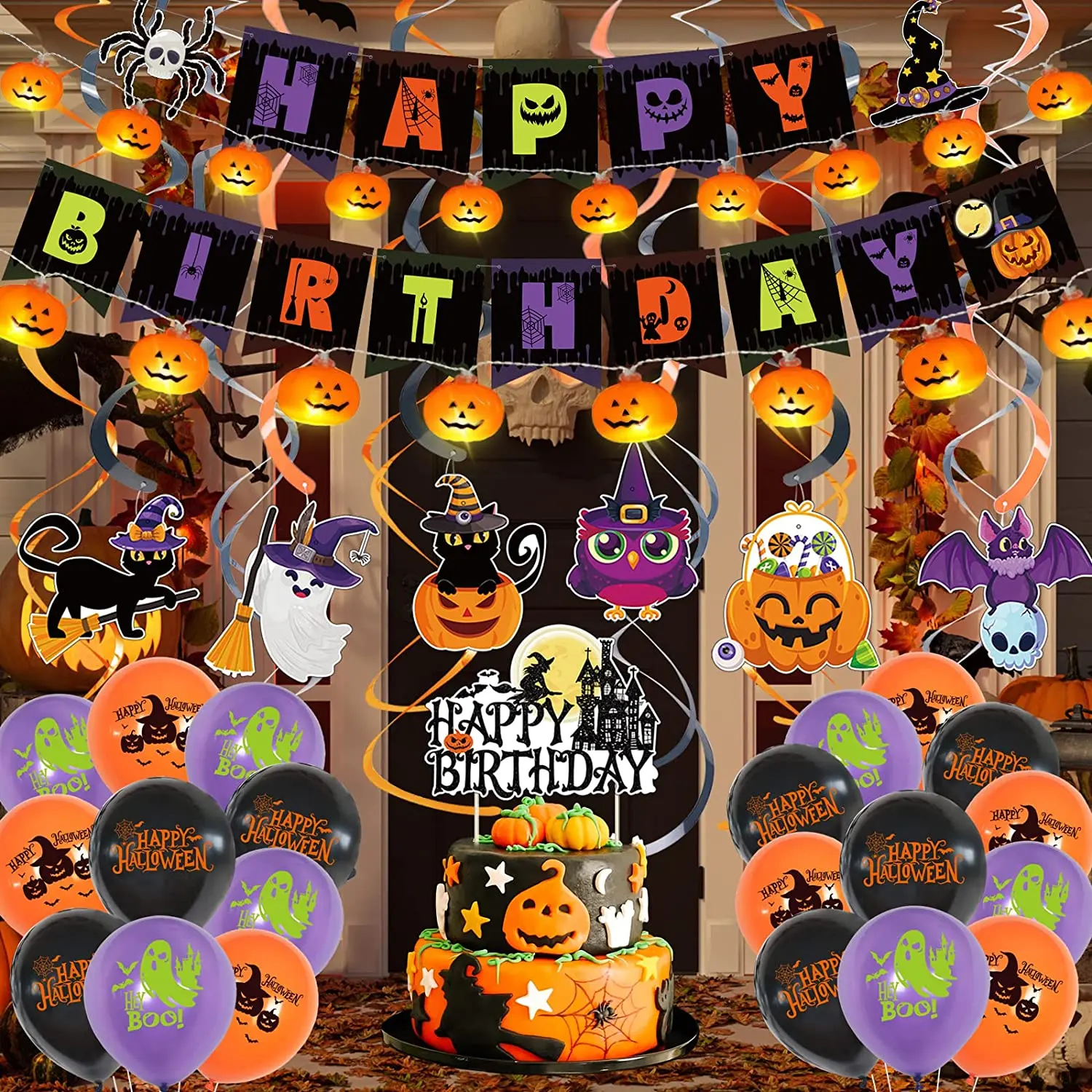 Halloween Birthday Party Decorations Banner Halloween Pumpkin String Lights with 20 LED 10ft 8 Modes Waterproof Battery Operated